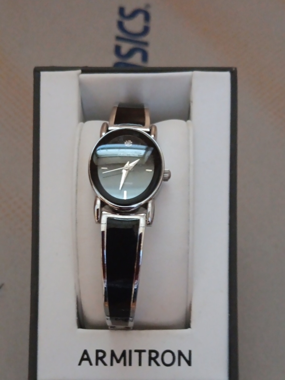 Armitron Silver-Tone Bangle Watch with Black Dial and Black Inlay